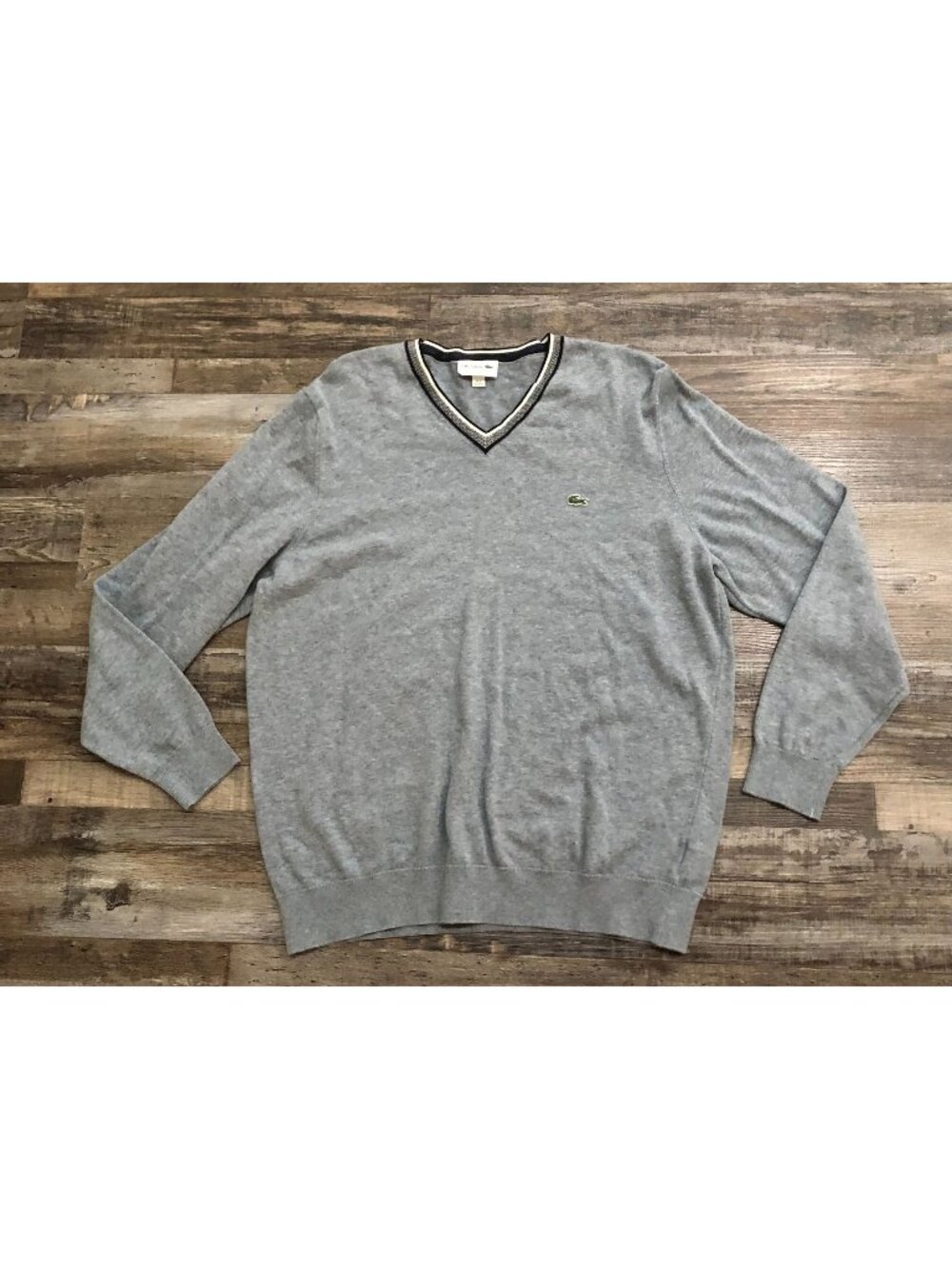 Lacoste Mens Size 7 Gray V Neck Long Sleeve Sweater 2XL Cotton